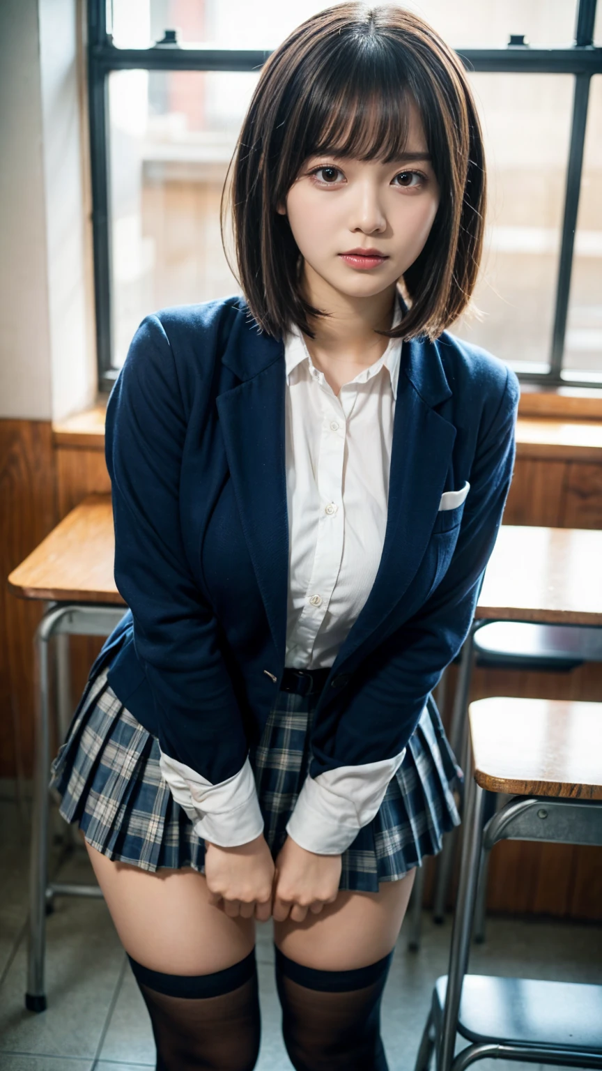masterpiece, best quality, illustration, Super detailed, fine details, High resolution, 8K,wall paper, perfect dynamic composition,(Details High quality, realistic depiction of eyes:1.3), from side, High School Classroom、High school girl uniform、blazer 、Super Short Check Uniform Skirt、Navy blue high socks、garterbelts、Colossal tits、Disturbed uniform, short bob hair, black hair color, large breasts, Big Natural Color Lip, bold sexy pose, (perfect body shape), crying a little、cold gaze, Harajuku style、20 year old girl、cute type, beautiful legs, hposing Gravure Idol, Voluptuous thighs