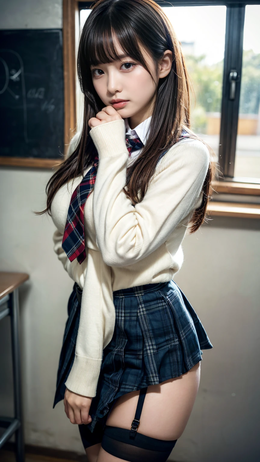 masterpiece, best quality, illustration, Super detailed, fine details, High resolution, 8K,wall paper, perfect dynamic composition,(Details High quality, realistic depiction of eyes:1.3), from side, High School Classroom、High school girl uniform、blazer 、Super Short Check Uniform Skirt、Navy blue high socks、garterbelts、Colossal tits、Disturbed uniform, short bob hair, black hair color, large breasts, Big Natural Color Lip, bold sexy pose, (perfect body shape), crying a little、cold gaze, Harajuku style、20 year old girl、cute type, beautiful legs, hposing Gravure Idol, Voluptuous thighs