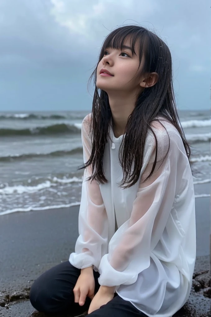 23year old beautiful girl、Highest image quality、realistic、16K、beautiful woman、long hair、With bangs、Pretty slim、heavy rain、While walking through the Beach in the rain、wet from heavy rain、Full body figure、Look up at the sky、sitting on the beach、Look up at the sky、Close your eyes and look up at the sky、Taking a shower of rain、黒のレースドレスShooting from a distance、Shot from above