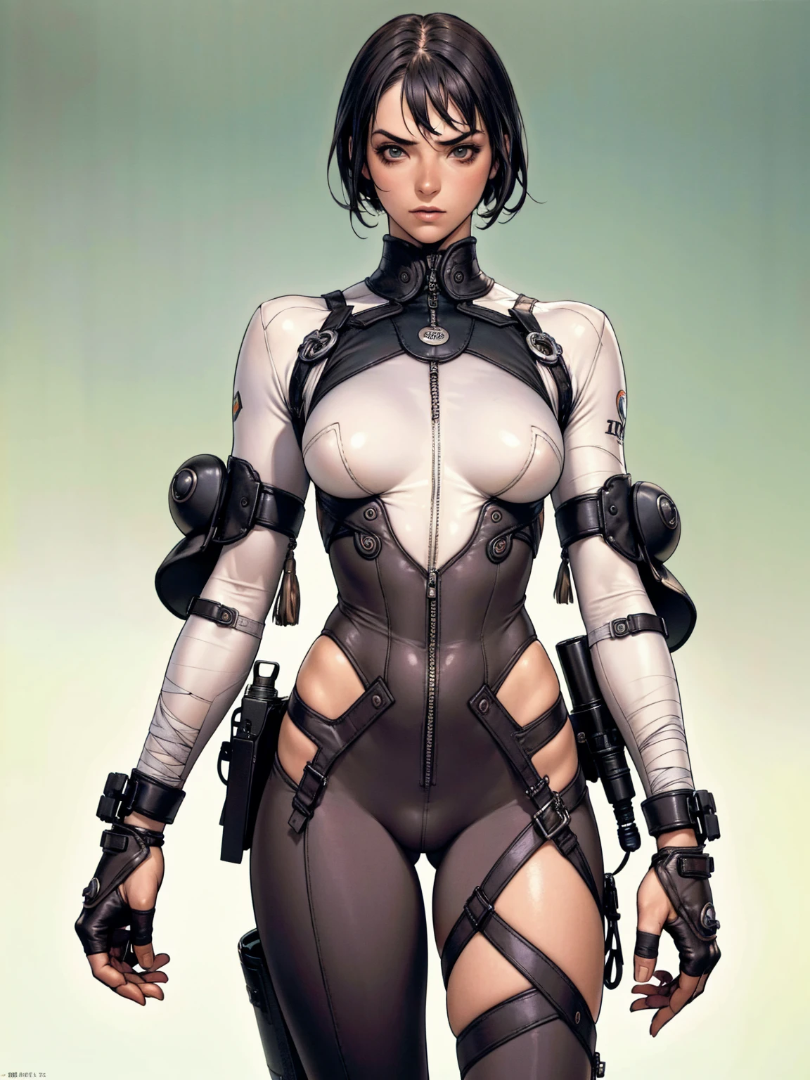 (((Annie Lennox))), ((( transparent suit ))), (((Bandaged body))), ((high collar)), (((Quorra))), (((best qualityer: 1.4))), (Unbeatable masterpiece), (hiper HD),(CG 8k hyper-realistic), (((brave face))), (((breasts big))), (((hyper feminine))), sexly girl, Tron,(black bob hair)), ((( sculptural body ))), (((1 Kizi))), Kizi cibernética de 25 anos com perfectbody,,Beautiful and well-groomed face,muscular body:1.2,solid color detailed jacket, (Head to thigh photos), Complex equipment, green dark,long pants,Tight clothes are dark,With white stars and off-white stripes,,,,,Armor Metal Electronic Parts, Poison tattoos ) INFO, Kizi, (((standing alone))), pirralha violent, ((())), sexly, pose de atitude, work of art, post-apocalypse, (((manga style))), bounty hunter, violent, Manic, the way you want, slenderbody, thin but strong, perfectbody, roupa moderna, advanced technology, neon, sleeves with vertical striped pattern, neutral background, (( cowboy shot )). intricate visual