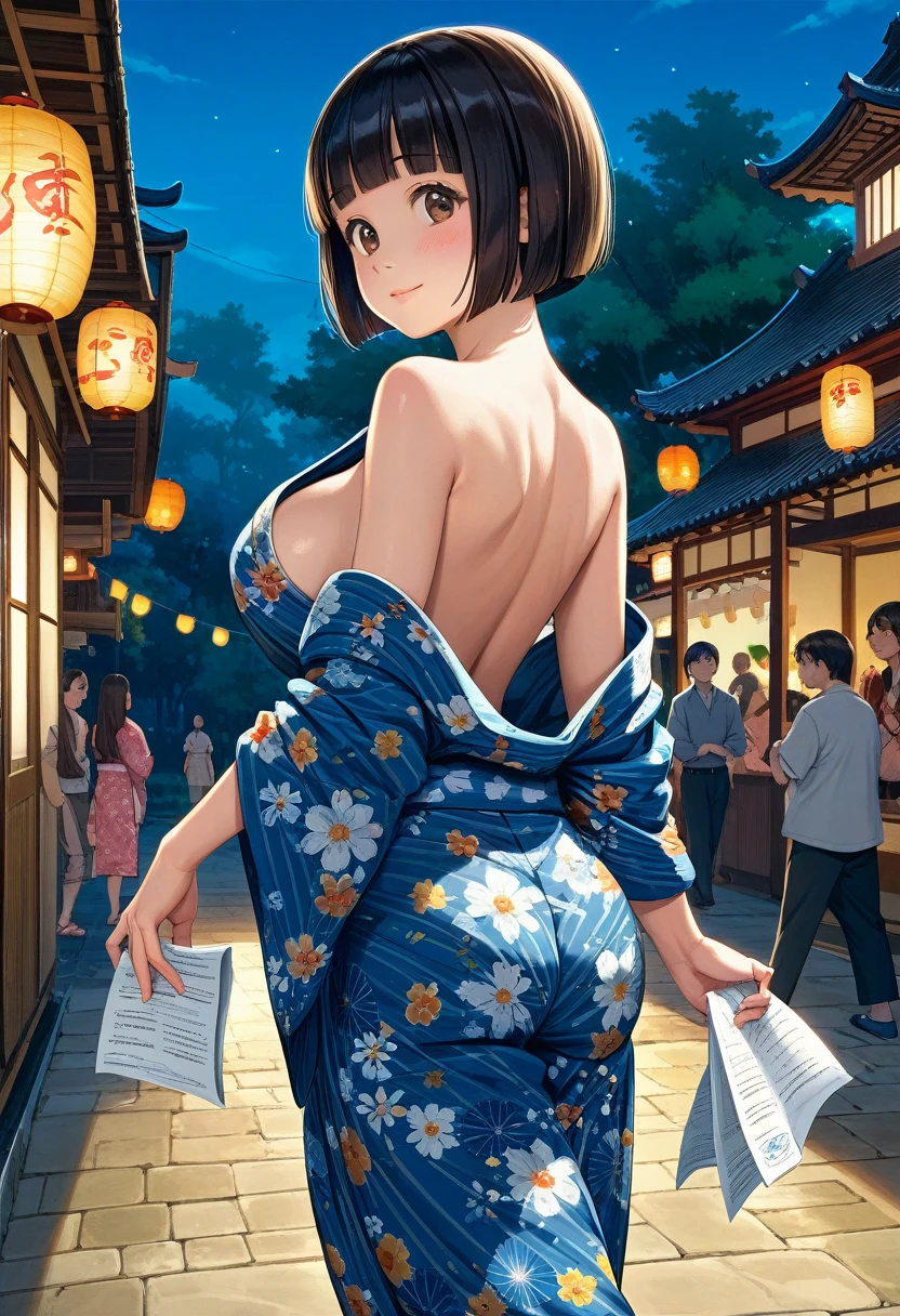 score_9,score_8_up,score_7_up,masterpiece,best quality, source anime, realistic, super detailed, extreme detailed, rating_safe,
1girl, walking, from behind, looking back viewer,  
BREAK girl, 22yo, short hair, bob cut, (blunt bangs), black hair, (tareme, detailed cute brown eyes), curled eyelashes, (large breasts:0.9),
shiny hair, beautiful detailed eyes, beautiful face,
yukata, (see through:1.1), 
blush, light smile,
outdoors, summer night, Japanese country town, summer festival, Festival stalls lined up along the street, (paper lantern), Fantastic lighting