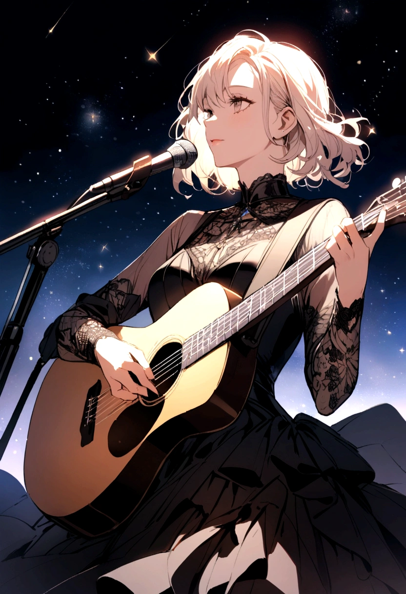 A singer playing her guitar looking at the sky of stars 