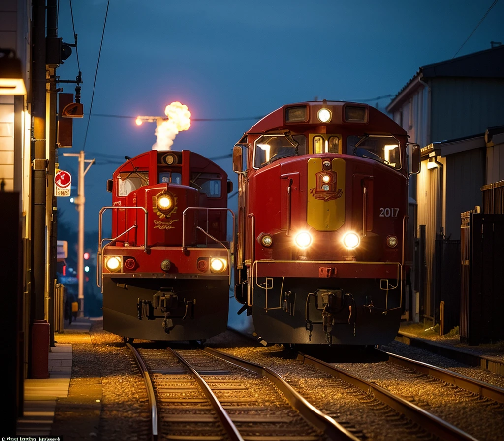 ((Highest quality)), ((masterpiece)), (detailed), A red diesel locomotive from the front、Approaching from the darkness, smoking