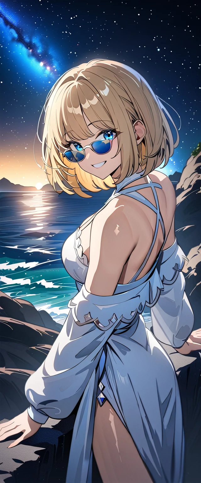 ((grin)), 風が強い, ((off-shoulder dress:1.3, criss-cross halter)), ((white sundress)), ((cleavage)), ((blond hair, bob cut:1.3)), ((sunglasses, hand to sunglasses)), (((from side))), ((((upper body)))), bare legs, (()), (((a beautiful starry sky, the Milky Way shining beautifully in the night))), ((standing on the very high cliff)), wavy hair, inward curled hair, ((sea, nature)), breasts, teenager, (looking at viewer), puffy long sleeves, collarbone, head tilt:1.3, (((blue eyes))), happy smile, (((anime style))), (best quality, 4K, 8K, highres, masterpiece:1.2, ultra-detailed, ultra-detailed eyes, HDR, uhd, studio lighting, ultra-fine painting, sharp focus, physically-based rendering, extreme detail description, professional, vivid colors, bokeh)
