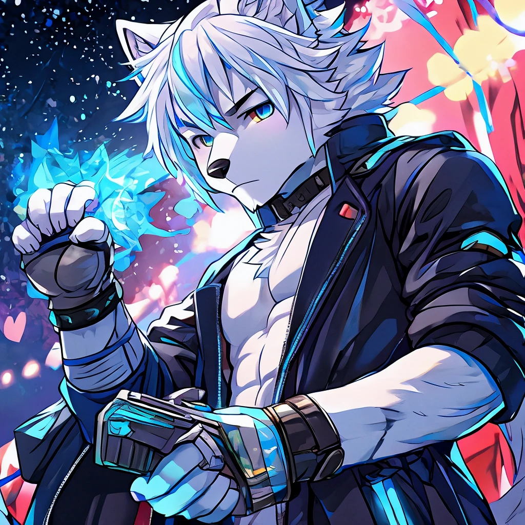 male arctic fox holding a pistol, white hair with light blue tips, 独奏