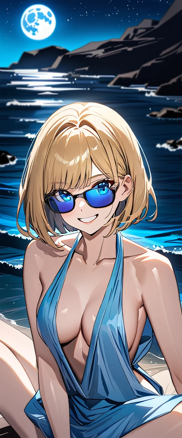 ((grin)), ((plunging neckline dress:1.3)), ((sundress)), ((off shoulders, Quite thick shoulder straps)), ((blond hair, bob cut:1.3)), ((sunglasses, hand to sunglasses)), (((from side))), ((((upper body)))), bare legs, (((A night sky stretching under a full moon, stars shining and reflecting on the sea surface))), ((sitting on the very high cliff)), wavy hair, inward curled hair, ((sea, nature)), breasts, teenager, (looking at viewer), puffy long sleeves, collarbone, head tilt:1.3, (((blue eyes))), happy smile, (((anime style))), (best quality, 4K, 8K, highres, masterpiece:1.2, ultra-detailed, ultra-detailed eyes, HDR, uhd, studio lighting, ultra-fine painting, sharp focus, physically-based rendering, extreme detail description, professional, vivid colors, bokeh)
