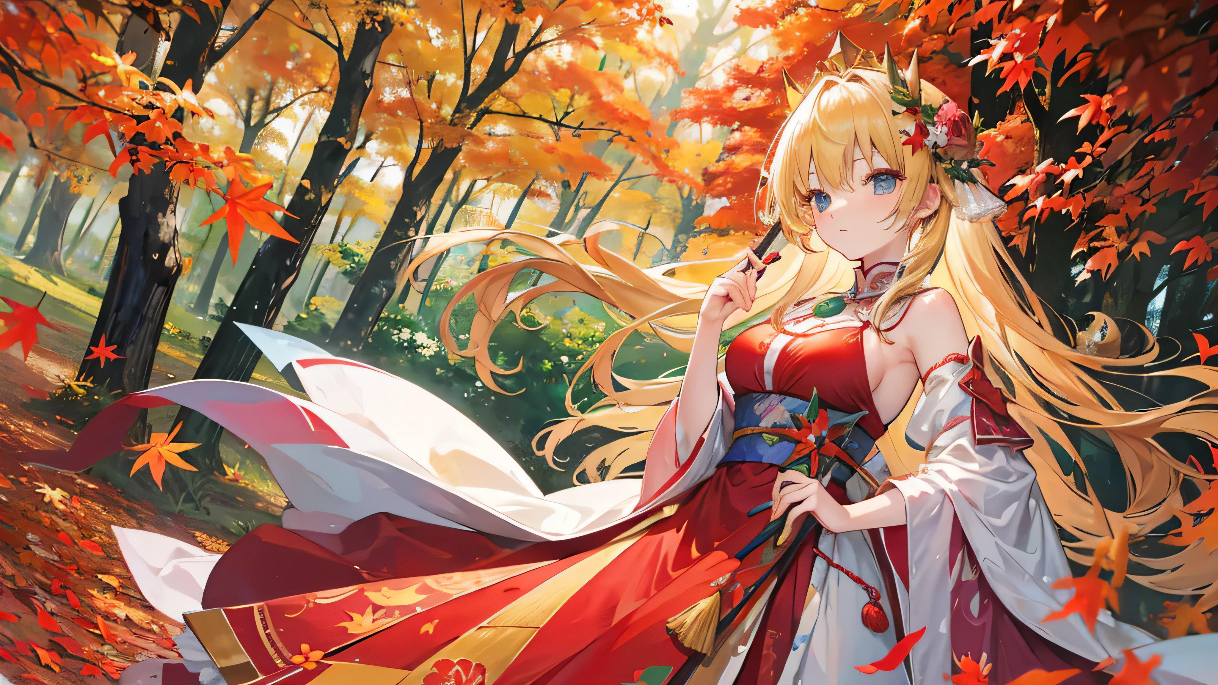Kobato Hasegawa stands in the middle of an autumn forest filled with red and gold leaves. She is wearing an emerald green gown with leaf patterns. Her blonde hair is adorned with a crown of autumn flowers, and in her hand, she holds a wand made of a tree branch with a glowing orange tip. Around her, colorful erflies fly, adding to the magical and warm aura of her appearance.
