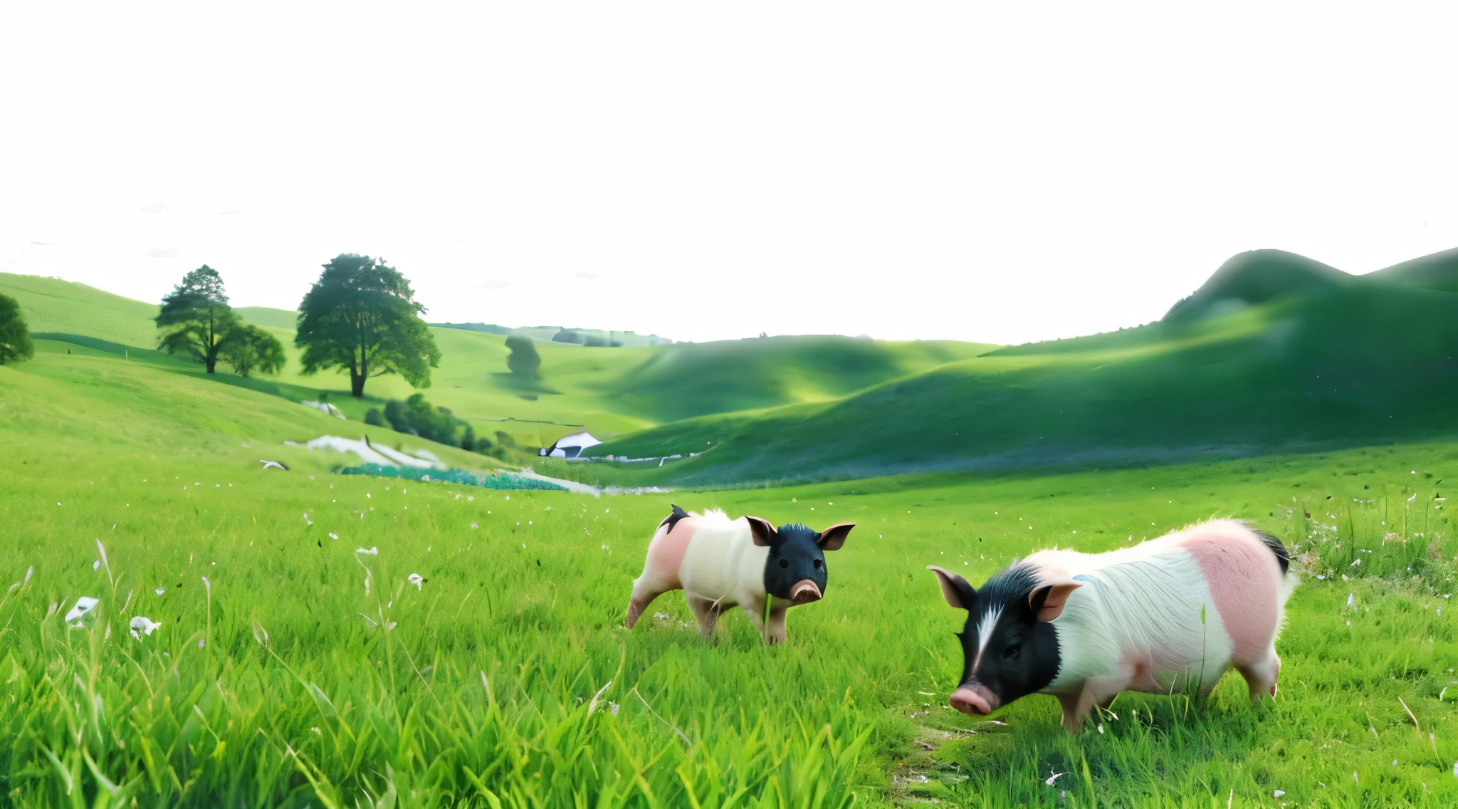 Two little pigs eating grass on the meadow