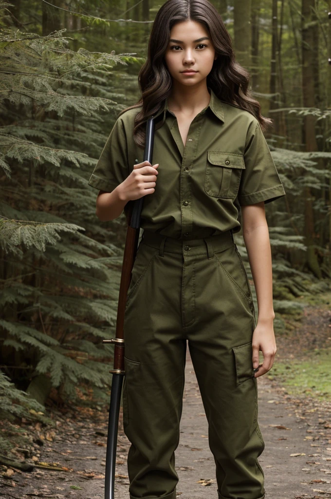 humanized version, a 20 year old white girl, with slightly short brown and slightly wavy hair, with large brown eyes, with a small scar on the right cheek, japanese, a black button-down shirt, military green pants and boots, with a katana in hand
