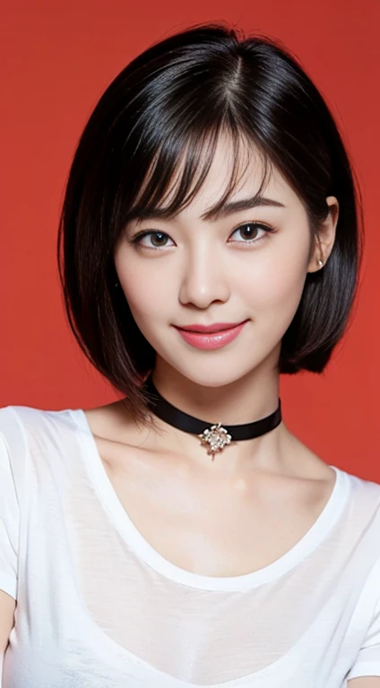 (A Gorgeous Lady, age 25, White T-shirt & Yellow Pencil Skirt, Black Choker, natural pose, dimpled smile, short_bob_hair_bangs, cute snaggletooth, well-endowed round bosom, romantic comedic genius, photorealistic, beautiful detailed eyes, hyper-realism, high contrast, ultra HD, realistic skin textures, top image quality, top-quality, super high resolution, fine details, very meticulously, simple red background)