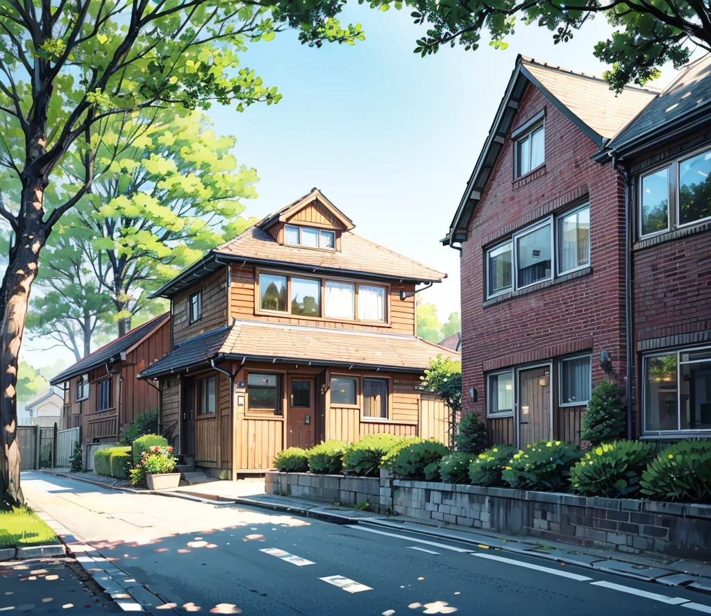 Picture of an English style house in a residential area surrounded by nature, the house has a small parking space. There are stairs in front of the house. The house has only one storey with large windows. Parking space, separate garage. Car in front of the garage, the view is from across the street. House is facing the street, the house is made up of red bricks.