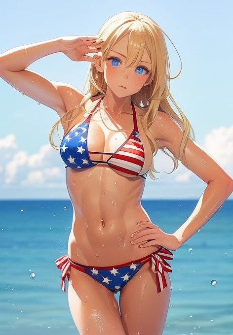 (perfect body),highest quality,(8K portrait),(official art)、:d、1 girl, focus only、determined expression,(Sweat), (blonde haired),long hair, (blue eyes),AMERICAN FLAG Bikini, pokies , (standing salute, chest out)、(beach side)