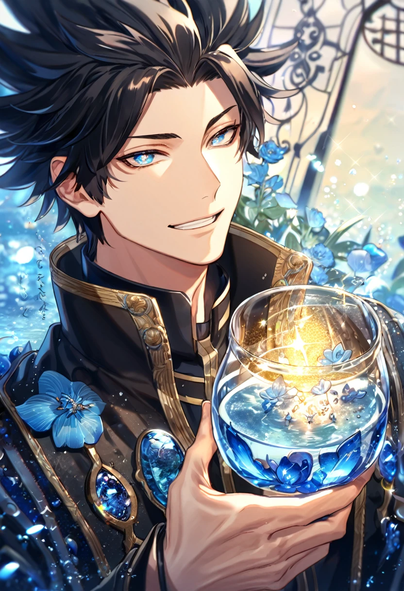 absurdres, highres, ultra detailed, HDR, master piece, best quality, extremely detailed, Kageura Masato, black hair, spiked hair, expressive amber eyes, World Trigger, solo, sexy man, handsome, smiling, Black coat with high collar, magical, fantasy, glittering, sparkling, glass, blue flowers, blue petals, water, blue moon