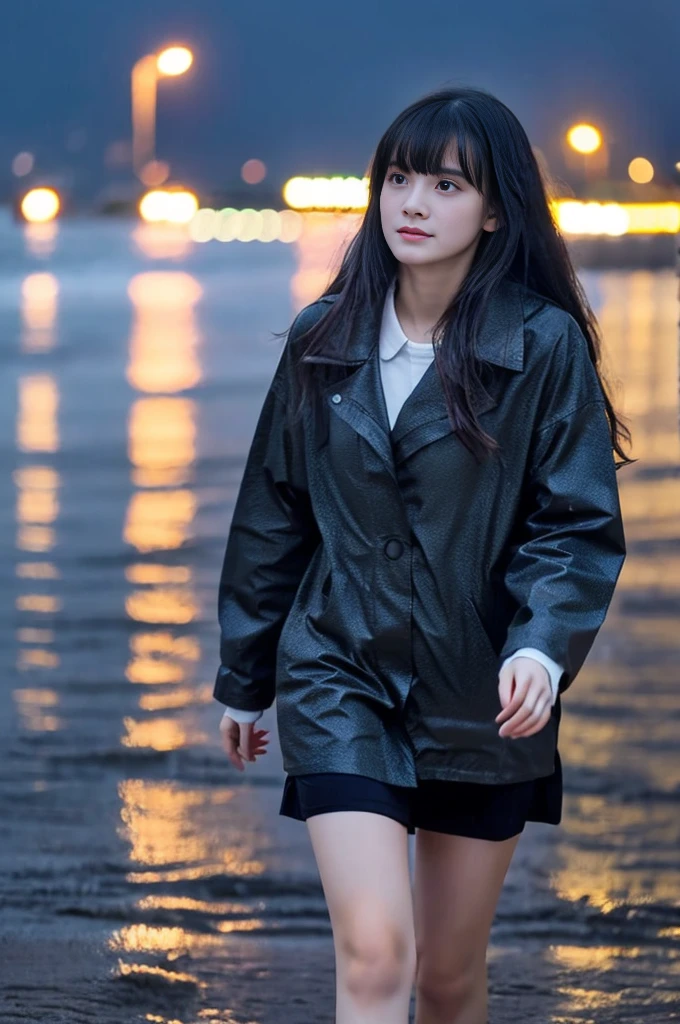 22year old beautiful girl、Highest image quality、realistic、16K、beautiful woman、long hair、With bangs、Pretty slim、heavy rain、While walking through the Beach in the rain、wet from heavy rain、Full body figure、Look up at the sky、Standing on the beach、heavy rain、黒のレースドレス
