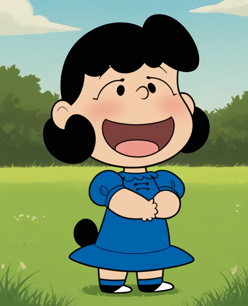 score_9, score_8, score_7, BREAK, 1 girl, Alone, Lucy, black fur, blue dress, puffy sleeves, outdoor, Grass, smiling, happy, standing, looking at the viewer, spread pussy, vagina, legs open, Chibi, Ahegao, naked, masturbating, small girl, back, showing the poto, again, bottomless
