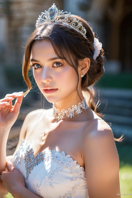 (Masterpiece), ((Top Quality)), ((8K Wallpaper)), ((Ultra High Resolution)), Good Composition, (Ultra Detail), Beautiful Art, Artistic, Realistic, Beautiful, Good Art, Landscape, Movie scene, shiny skin, detailed skin, fine skin, (beautiful hair), (beautiful eyes), (perfect anatomy), five-fingered delicate hand, masterpiece, best quality, Intricate, High Detail, modelshoot style, film grain, photo of a beautiful girl, abeautiful trained body , sweaty skin,beautiful hair, (perfect eyes), (detailed eyes, bmoist eyes), ,, choker , Beautiful princess, princess dress and tiara , Medieval European Castles,