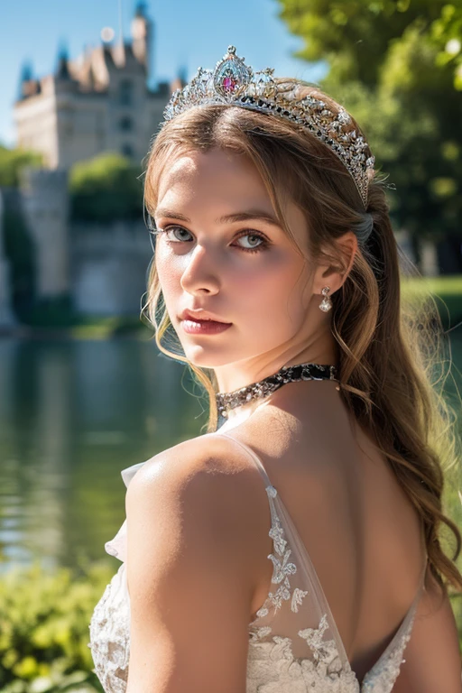 (Masterpiece), ((Top Quality)), ((8K Wallpaper)), ((Ultra High Resolution)), Good Composition, (Ultra Detail), Beautiful Art, Artistic, Realistic, Beautiful, Good Art, Landscape, Movie scene, shiny skin, detailed skin, fine skin, (beautiful hair), (beautiful eyes), (perfect anatomy), five-fingered delicate hand, masterpiece, best quality, Intricate, High Detail, modelshoot style, film grain, photo of a beautiful girl, abeautiful trained body , sweaty skin,beautiful hair, (perfect eyes), (detailed eyes, bmoist eyes), ,, choker , Beautiful princess, princess dress and tiara , Medieval European Castles,