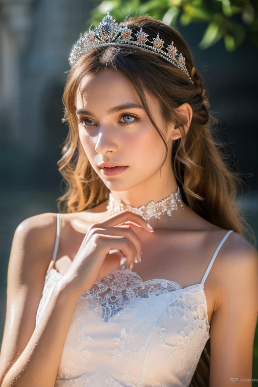 (Masterpiece), ((Top Quality)), ((8K Wallpaper)), ((Ultra High Resolution)), Good Composition, (Ultra Detail), Beautiful Art, Artistic, Realistic, Beautiful, Good Art, Landscape, Movie scene, shiny skin, detailed skin, fine skin, (beautiful hair), (beautiful eyes), (perfect ???????), five-fingered delicate hand, masterpiece, best quality, Intricate, High Detail, modelshoot style, film grain, photo of a beautiful girl, abeautiful trained body , sweaty skin,beautiful hair, (perfect eyes), (detailed eyes, bmoist eyes), ,, choker , Beautiful princess, princess dress and tiara , Medieval European Castles,