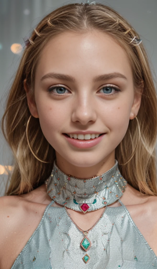 Front view, (showing teeths open mouth, sweet smile, moles, mole on cheeks:1.5), ((age girl, kid, 15 yl, thin face, skinny:1.2)), slender, slim, close up, white coat, beige shirt, Slender and graceful, beautiful, ultra sharp focus, realistic shot, Winter theme, cold, ((necklage, gem necklage, Metallic texture, round hoop earrings, beautifull earrings, Details, hoop earrings with small diamonds encrusted, colored gems, blue gems, red gems, green gems:1.4)), White background, ((blonde, mole under eye, mole on cheeks:1.4)), blue eyes, 8K, Ultra HD,digital SLR camera,Gentle lighting,high high quality,filmgrain,Fujifilm XT3 sharp focu 5.6,high detal,Sharp focus