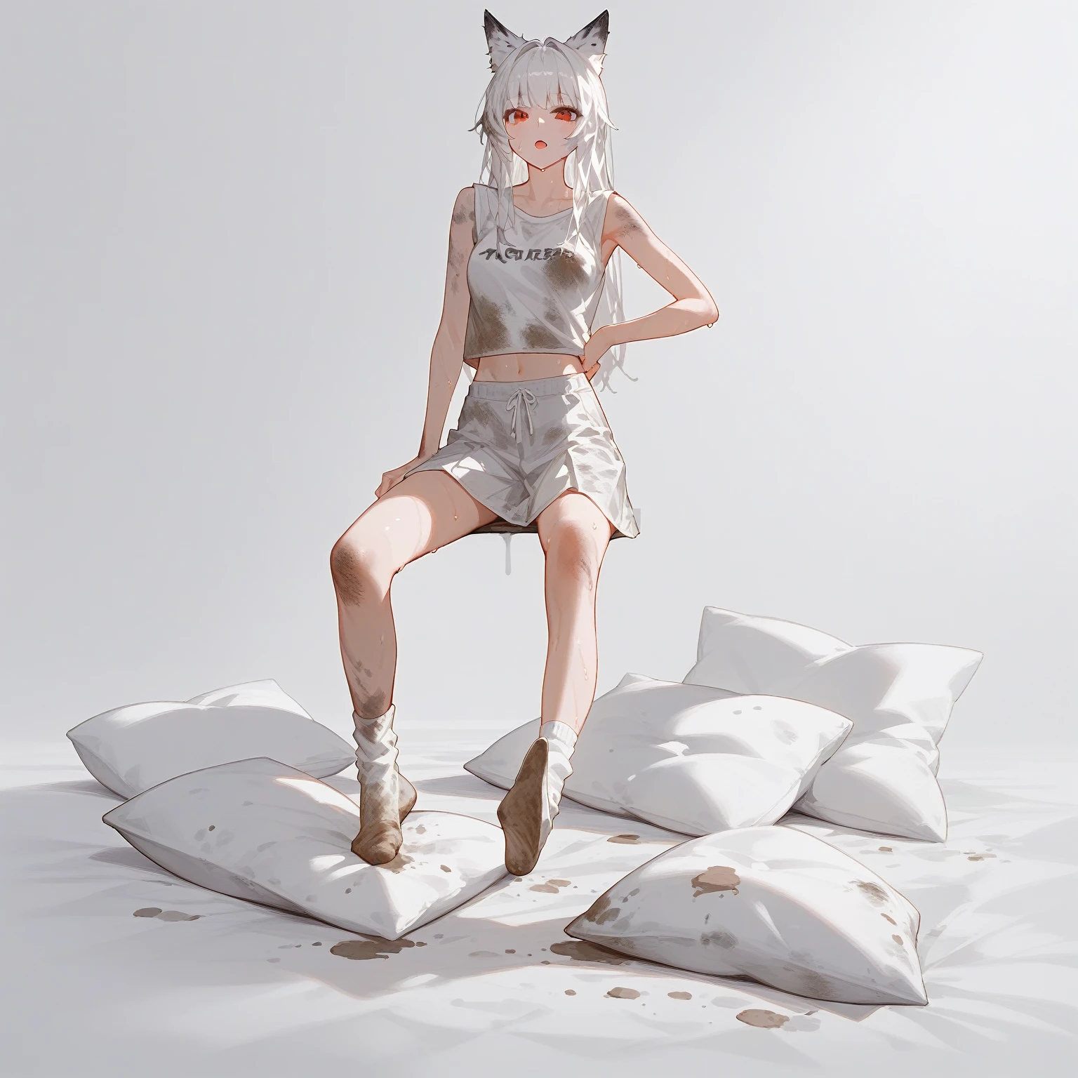 1 girl,dirty,foot,foot底,Red Eyes,breast,solitary,Long hair,White hair,,foot趾,foot部焦点,Looking at the audience,sit,Sweat,open mouth,dirty foot,Keep,indoor,Pillow,Bangs,White knee socks,Fox ears,There'foot的泥土,White clothes,kimono,Japanese style,dirtyPillow,dirty床,女孩周围堆满Pillow,女孩踩踏2着Pillow,大量Pillow,Pillow上肮脏,,(Deluxe Rococo Canopy King Bed),On a big and spacious bed,(),,,,Luxurious curtains with ornate ruffles and ribbons surround the bed,((((There are many pillows piled on the bed)))),Detail of Quilt,Detailed bed sheets