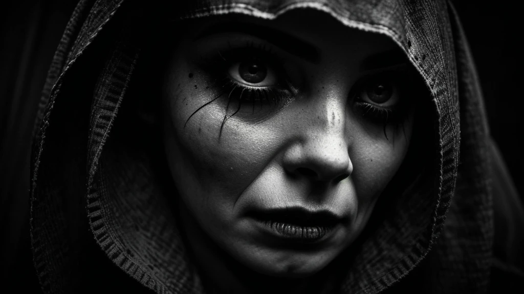 vintage black and white photography, sinister photo, ( ( ( Horror art ) ) ), gloomy vibes, horror, nightmare atmosphere, evokes disturbing elements, dark feelings, horizontal aspect, The best quality, must disturb the viewer, high contrast, nearby, mixes beauty and horror, detailed close-up.