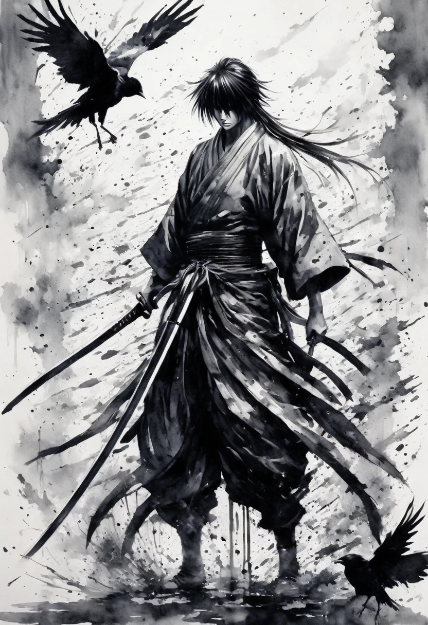 Ink and ink painting,Black and white painting,splash,acrobatic pose,detailed beautiful eyes,Rurouni Kenshin,Kenshin Himura,multiple crows,Sword afterimage,