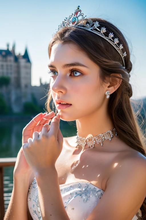(Masterpiece), ((Top Quality)), ((8K Wallpaper)), ((Ultra High Resolution)), Good Composition, (Ultra Detail), Beautiful Art, Artistic, Realistic, Beautiful, Good Art, Landscape, Movie scene, shiny skin, detailed skin, fine skin, (beautiful hair), (beautiful eyes), (perfect anatomy), five-fingered delicate hand, masterpiece, best quality, Intricate, High Detail, modelshoot style, film grain, photo of a beautiful girl, abeautiful trained body , sweaty skin,beautiful hair, (perfect eyes), (detailed eyes, bmoist eyes), ,, choker , Beautiful princess, princess dress and tiara , Medieval European Castles,, (((drooling from mouth)))