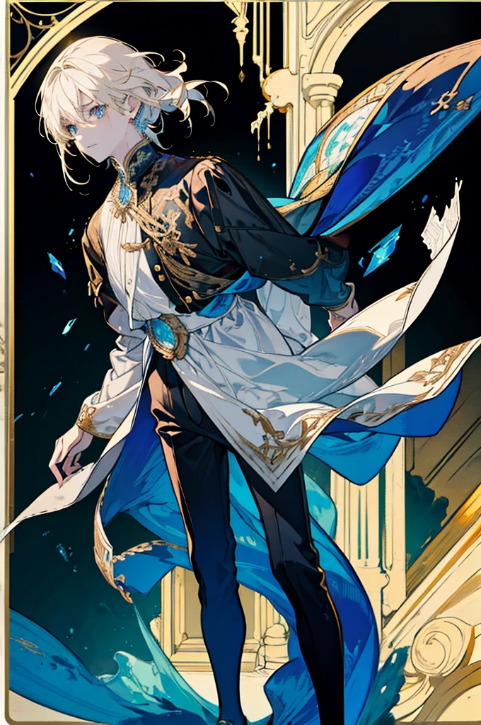 ((8k, masterpiece, high quality)) ((perfect face)) ((character reference sheet)) ((character design)) magazine cover, 1boy, young male, little boy, beautiful boy, solo, blonde hair, silver blonde hair, light yellow hair, dark hair tips, shoulder length hair, messy hair, blue eyes, expressive eyes, sad expression, white skin, blue eyes, plain white pirate shirt, brown vest, gray pants, standing still, simple background, highly detailed, digital photography, artistic gem, Greg Rutkowski, manga style, manhwa style ((whole body)), ((full body))