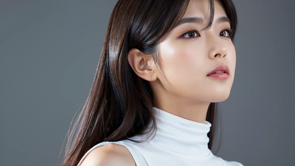 (Detailed face),vivid,White sleeveless top and turtleneck,4K,Ultra-high resolution,(Photorealistic:1.7),Black long hair,Gray background,