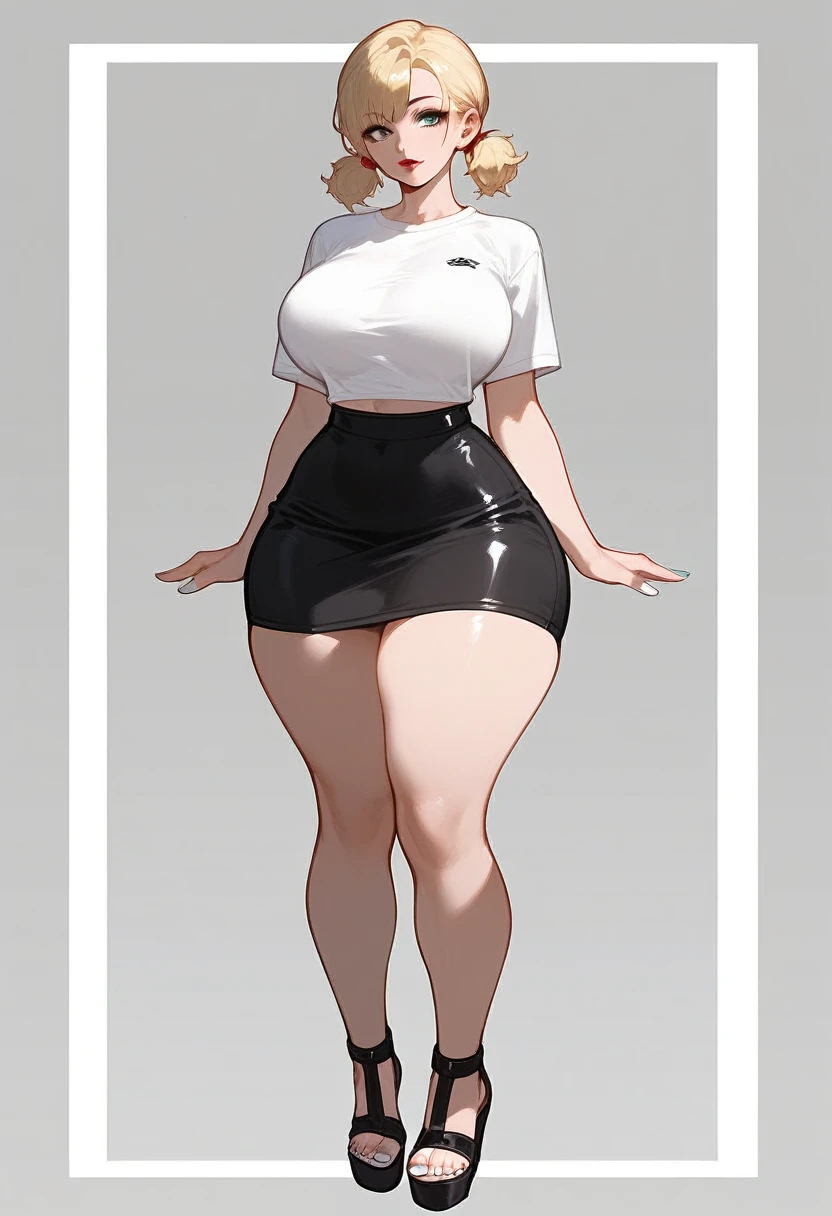 short pale woman, 5’2 height, thick thighs, large thighs and wide hips, short blonde hair in twintails, small dainty feet, barefoot, thick thighs pressed together, tight shirt, black skirt, pale skin, full body showing, white nail polish, large breasts, busty, short woman, lipstick, wearing small black sandals on her feet, anime
