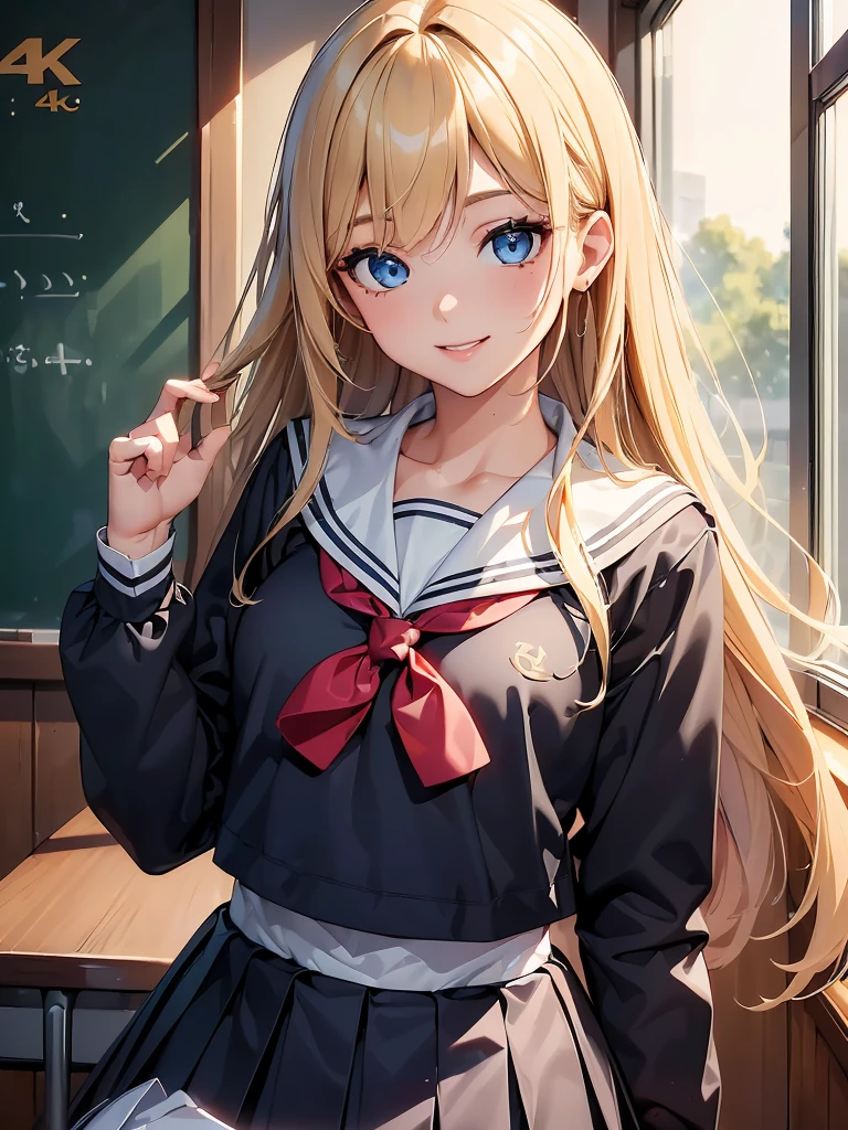 (Highest quality, 4K, masterpiece :1.3), Fisheye Lens:2.0,Beautiful woman, 1 Girl, (chest, Attractive body :1.2), JK:1.1, Blonde: 1.1, Long Hair, Sailor suit, Show inside the skirt,Highly detailed face, Lip details, Beautiful Eyes, double eyelid, smile,The background is the classroom