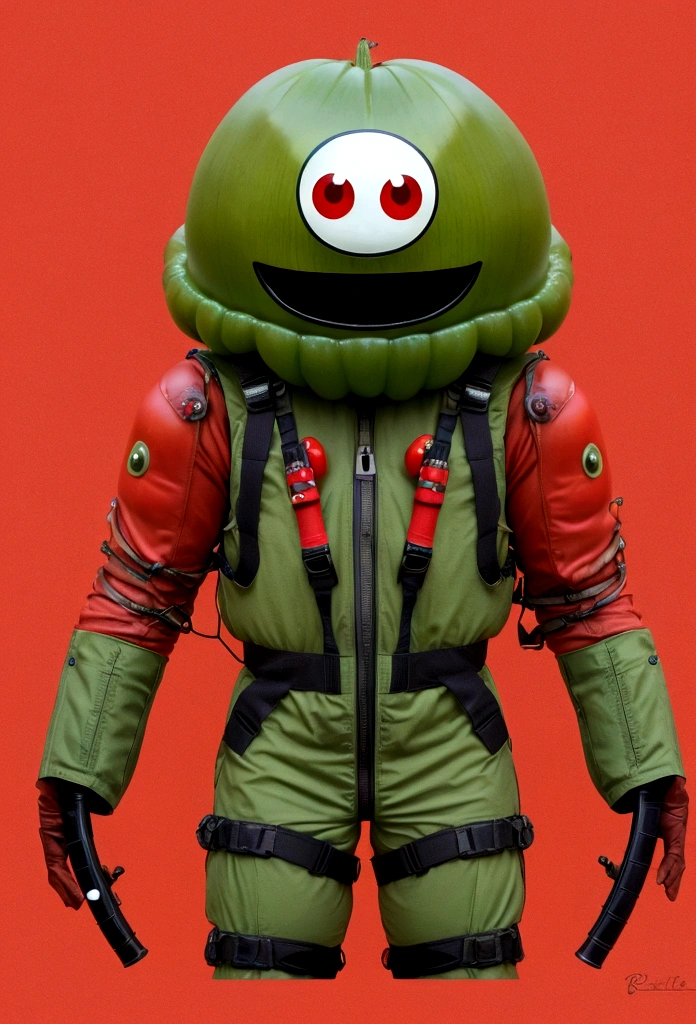 Tomato Alien、No helmet、It has a green tomato stem on its head、The head is a red tomato、It has two eyes and is smiling.、Wearing a tight fitting space suit、With a rifle in his hand、There are 3 of them、The background is space