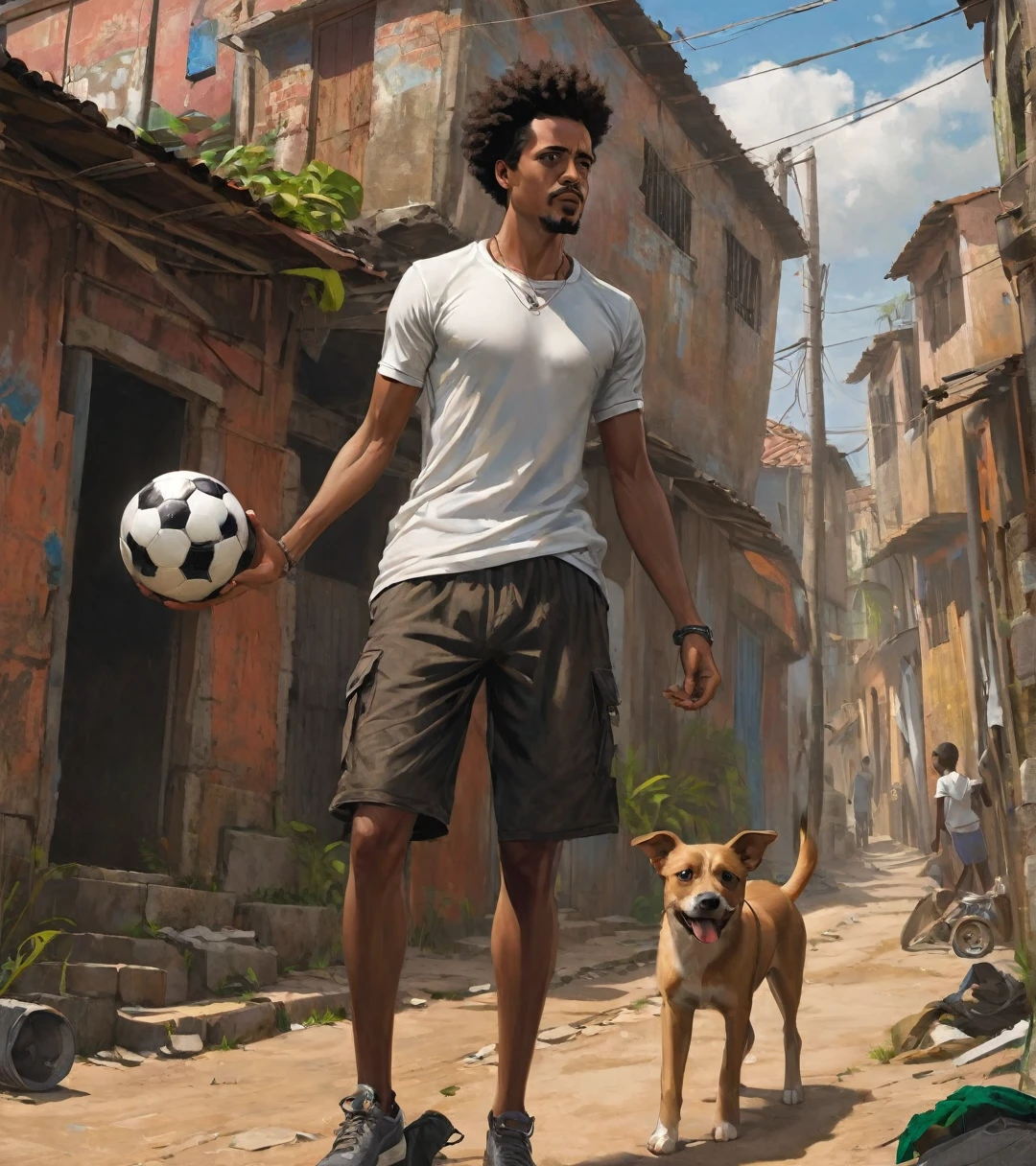 A poor Afro-Brazilian guy in a favela in Porto Alegre Rio Grande do Sul Brazil drawn by Todd McFarlane and Greg Capullo, he is wearing old and torn clothes, he is shotting a soccer ball and playing with the ball with your dog, a favela in the background, he is a soccer player, Robert Downey Jr Reference., engine unreal, octane rendering, por Jacob Lawrence e Francis Picabia, perfect composition, beautiful detailed intricate insanely detailed octane rendering trending on artstation, 8k art photography, photorrealistic concept art, soft natural volumetric cinematic perfect light, Bright dark, rewarded photography, work of art, oil on canvas, rafael, caravaggio, Greg Rutkowski, beetle, Beksinski, giger, beautiful perfect face with perfect face, a smile on your face with two large central incisors, the detail, highy detailed, photo realist