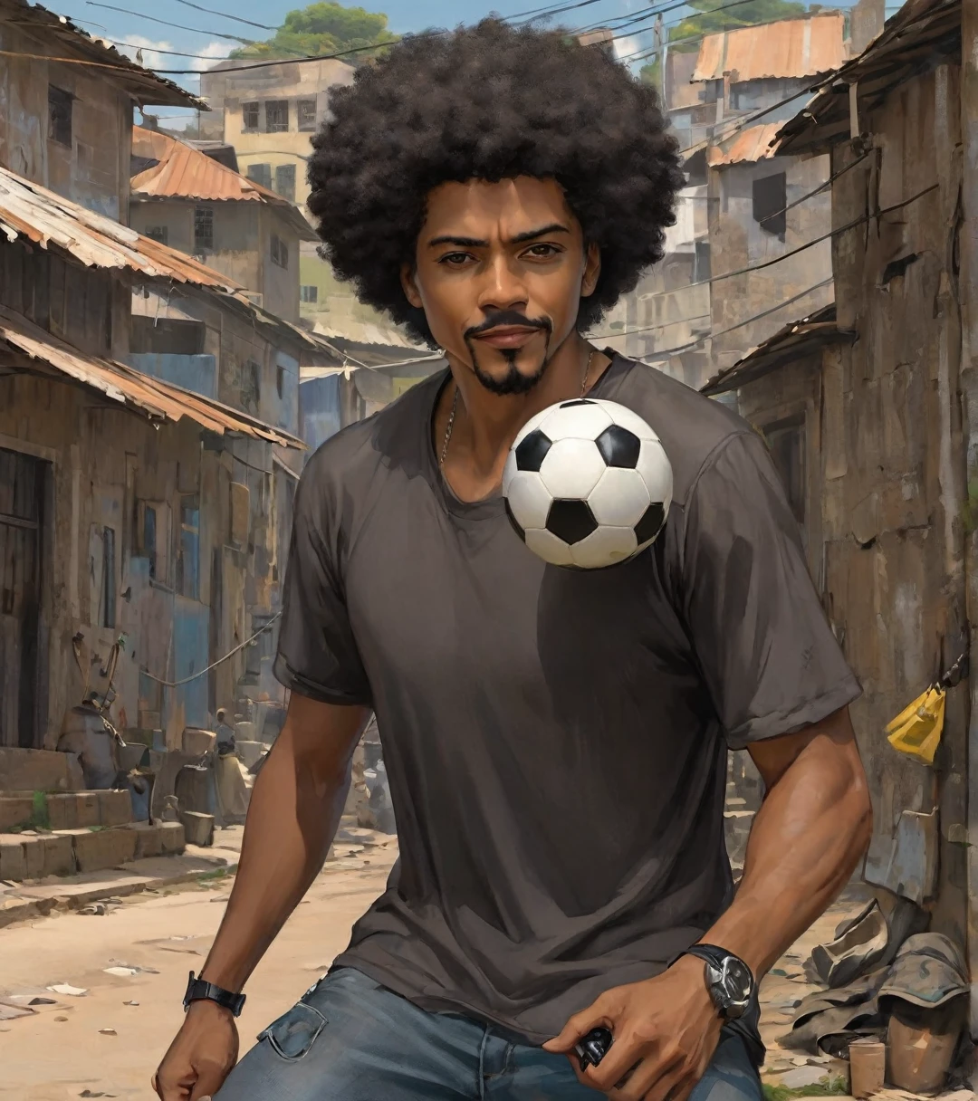 A poor Afro-Brazilian guy in a favela in Porto Alegre Rio Grande do Sul Brazil drawn by Todd McFarlane and Greg Capullo, he is wearing old and torn clothes, he is shotting a soccer ball and playing with the ball with your dog, a favela in the background, he is a soccer player, Robert Downey Jr Reference., engine unreal, octane rendering, por Jacob Lawrence e Francis Picabia, perfect composition, beautiful detailed intricate insanely detailed octane rendering trending on artstation, 8k art photography, photorrealistic concept art, soft natural volumetric cinematic perfect light, Bright dark, rewarded photography, work of art, oil on canvas, rafael, caravaggio, Greg Rutkowski, beetle, Beksinski, giger, beautiful perfect face with perfect face, a smile on your face with two large central incisors, the detail, highy detailed, photo realist