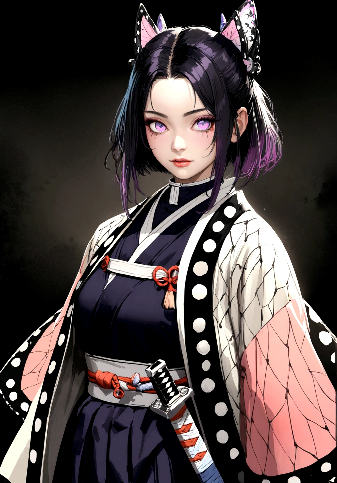 realistic,photorealistic,high quality,masterpiece,hyperdetailed,ultra-detailed,intricate details,extremely detailed girl,beautiful detailed eyes,beautiful detailed lips,extremely detailed face,long eyelashes,female demon slayer,kimetsu no yaiba,swordsmith,haori,japanese sword,samurai,dark fantasy,portrait,dramatic lighting,cinematic,atmospheric,moody,dramatic,epic