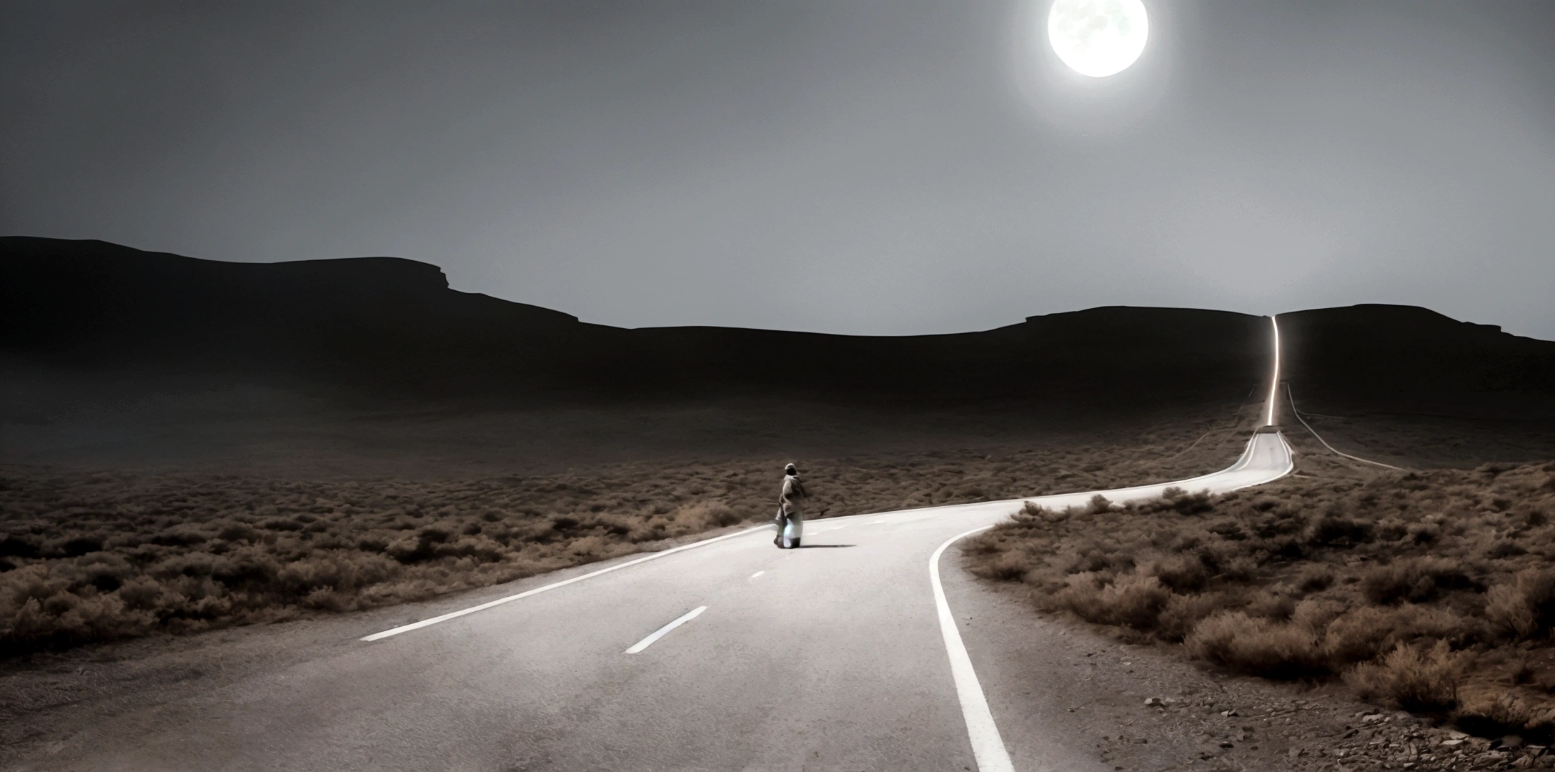 several roads in a deserted place, going in different directions, moonlit atmosphere, with a large crowd walking on these roads, people walking, men and women and children walking, deserted environment, deserted place, arid, no vegetation
