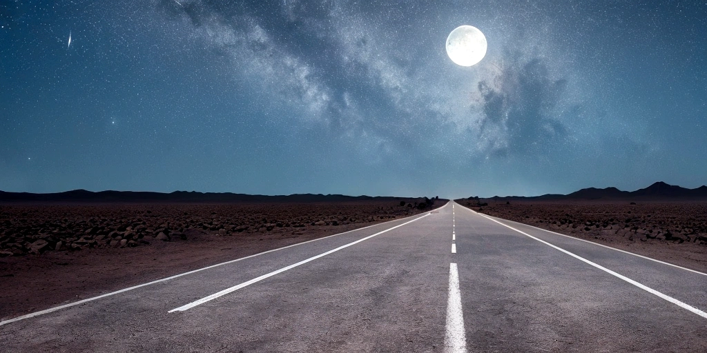several roads in a deserted place, going in different directions, moonlit atmosphere, with a large crowd walking on these roads, people walking, men and women and children walking, deserted environment, deserted place, arid, no vegetation