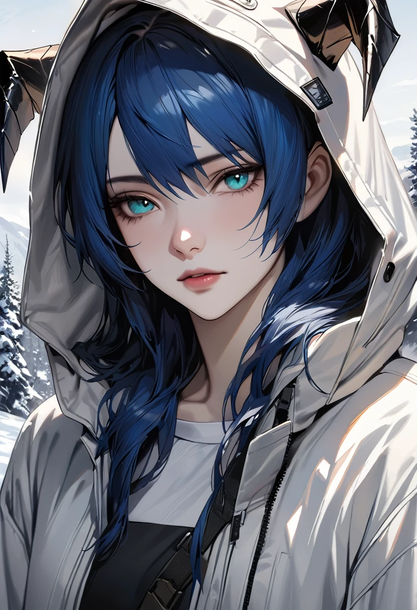((adult)), (woman), ((tall)), ((Mostima from arknights)) , masterpiece, best quality, ((Bluer hair long)), horns, plain white shirt, white coat, black furred hood, realistic anime style, snow background, portrait.
