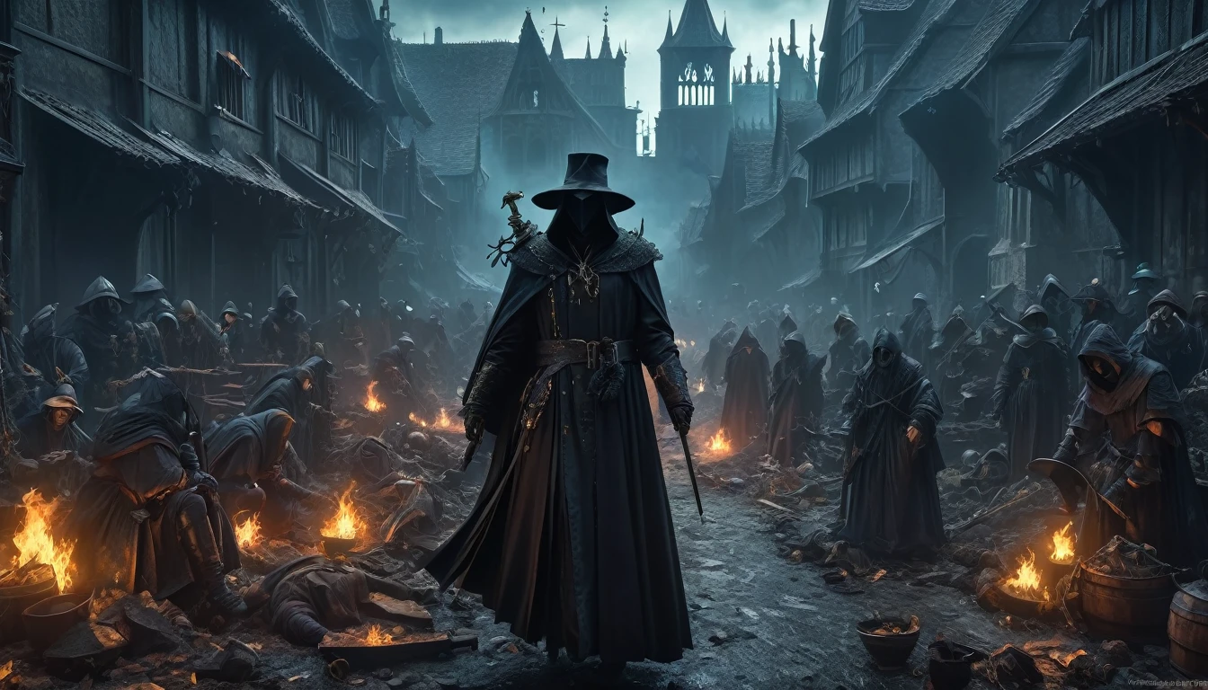 (anime, fantasy, black death), (detailed CG unity 8k wallpaper, masterpiece, best quality, ultra-detailed, HDR:1.2), vibrant colors, intricate, high FXAA, dark fantasy, black death medieval, plague doctor, plague, dark times, apocalypse, suffering