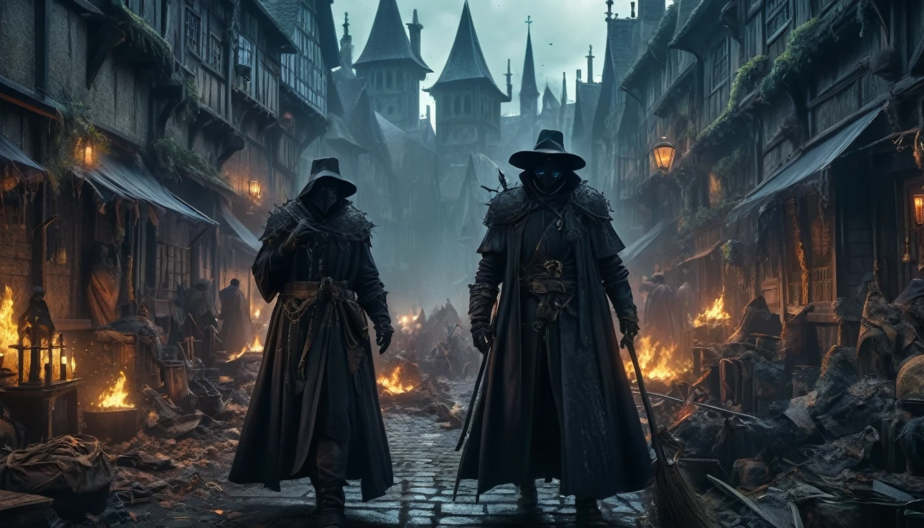 (anime, fantasy, black death), (detailed CG unity 8k wallpaper, masterpiece, best quality, ultra-detailed, HDR:1.2), vibrant colors, intricate, high FXAA, dark fantasy, black death medieval, plague doctor, plague, dark times, apocalypse, suffering