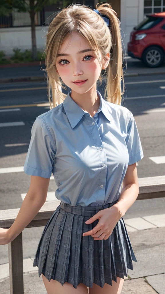 (masterpiece:1.3, highest quality, Ultra-high resolution, Super detailed), (Realistic:1.1, photoRealistic:1.4), Beautiful illustrations, Perfect lighting, colorful, Depth of written boundary, Beautiful detailed hair, Beautifully detailed face, Beautiful fine details, Beautiful clavicle, Beautiful body, Beautiful breasts, Beautiful thighs, Beautiful feet, Beautiful fingers, View your viewers, 1 girl, Japanese, high school girl, Perfect Face, (Perfect Anatomy, Anatomically correct), Cute and symmetrical face, Baby Face, Sunburn, Shiny skin, (Middle Hair:1.5, Twin tails:1.2, Blonde), Asymmetrical bangs, blue eyes, Long Eyelashes, (Medium chest), thin, ((Collared short-sleeved shirt, Light blue shirt, , Grey plaid pleated skirt, Navy them)), No panties, (Beautiful views), evening, (Outdoor, distant cityscape), Are standing, (peace sign), (Cute smile, Cheek blush、Upward glance, Open your mouth), (Opening a girl's pussy:1.3), Occasionally crouches:1.2,Stick your finger in pussy:1.5,((A large amount of pee is sprayed from the vagina)),(((Very small, young face and chest))),
