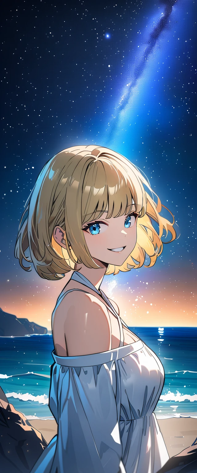 ((grin)), 風が強い, ((off-shoulder dress:1.3, criss-cross halter)), ((white sundress)), ((cleavage)), ((blond hair, bob cut:1.3)), ((sunglasses, hand to sunglasses)), (((from side))), ((((upper body)))), bare legs, (()), (((a beautiful starry sky, the Milky Way shining beautifully in the night))), ((standing on the very high cliff)), wavy hair, inward curled hair, ((sea, nature)), breasts, ager, (looking at viewer), puffy long sleeves, collarbone, head tilt:1.3, (((blue eyes))), happy smile, (((anime style))), (best quality, 4K, 8K, highres, masterpiece:1.2, ultra-detailed, ultra-detailed eyes, HDR, uhd, studio lighting, ultra-fine painting, sharp focus, physically-based rendering, extreme detail description, professional, vivid colors, bokeh)