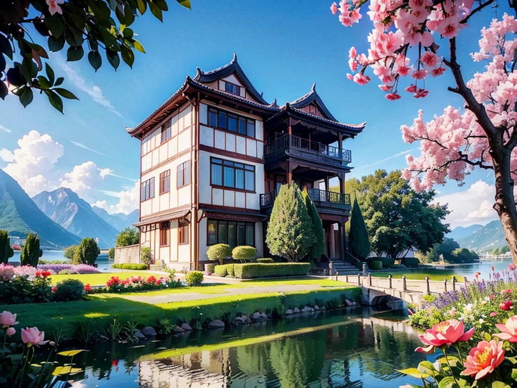 8K HD画质,Realistic scenery of Chinese architecture, 粉红的Peach BlossomTree林森林重点是很多Peach Blossom风景照8K 画质,Best quality,masterpiece,HD,Super rich detail,detailed,The yard is huge,The yard is full of flowers,It is a rich garden,There are roses in the garden,Moonflower,Jasmine,Peach Blossom,club,apricot,chrysanthemum,Peony,Lavender,Cherry blossoms,Pomegranate flowers, ETC,A wide variety of flowers,All flowers are planted in one garden,There is also river water in the garden,Creek,pond,lake,Lake,Rios,J,Everything in the same picture,Lifelike,The picture is very realistic,Very real,The vegetable garden was neat inside,There are mountains and water in the distance,sky sky,cloud,Tree。Country Road。Industrious people grow flowers,The picture is very warm,HD,The picture is realistic,Strong realism,The focus is on the garden castle as well as the river,Images are colorful,High contrast,There is only one scene,No split screen,Do not crop the image,Keep the picture rich and complete