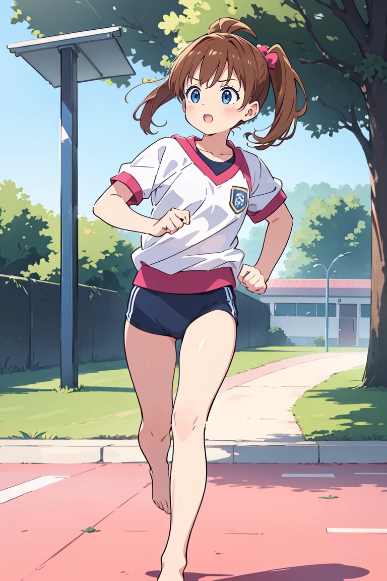 Highest quality,1990s anime style illustration,With one girl、1 male teacher,barefoot,girl,A girl in gym clothes、Running in the schoolyard,girlは素足です,girlは汗をかきながら、I'll run for my life,Next to one girl、1 male teacherが指導します
