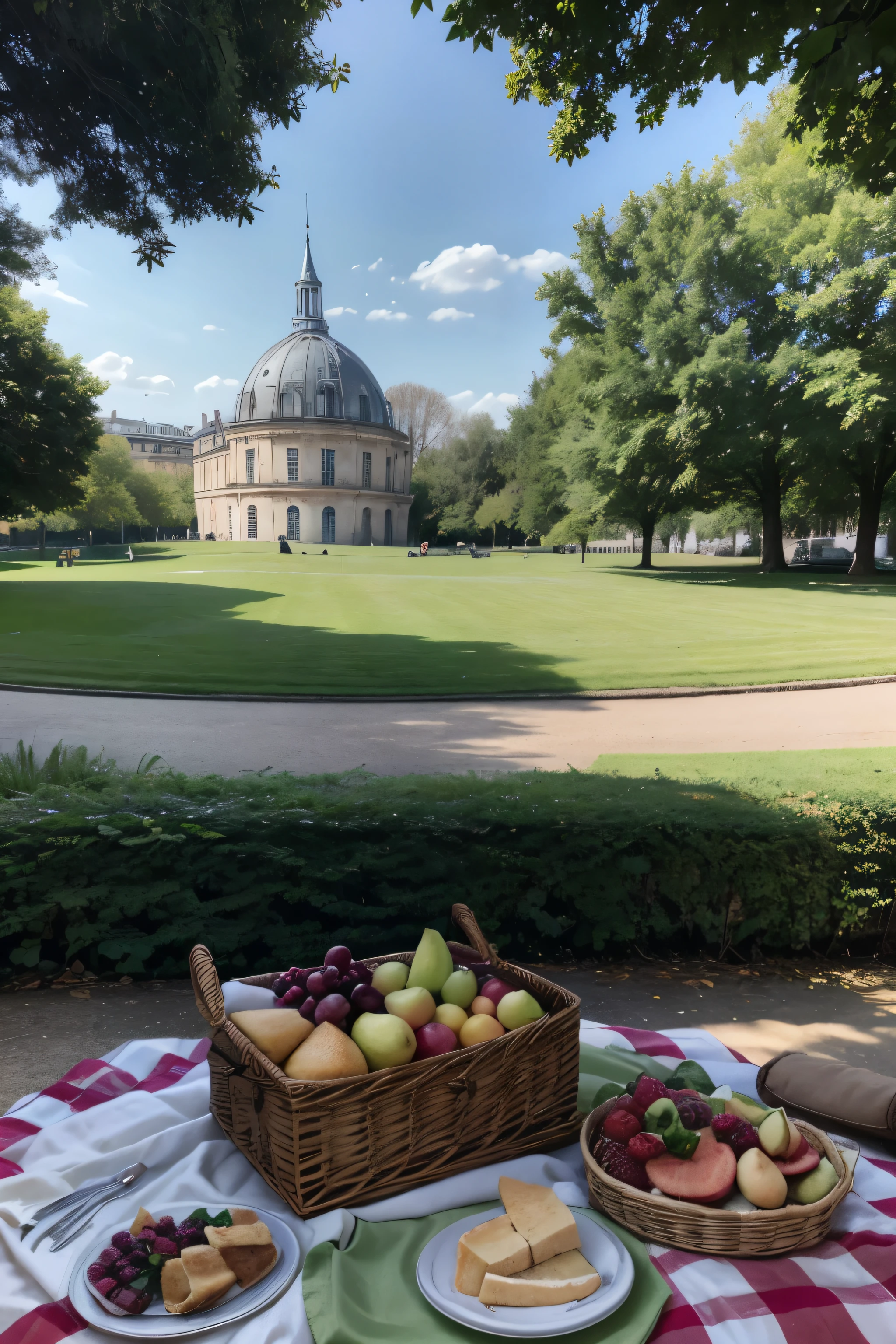 Por favor, create a super realistic image of a tourist attraction in France called Luxembourg Garden. The image should capture an upscale picnic scene with natural lighting. En el centro de la imagen, there must be an open picnic basket, covered with a red checkered cloth spread on the floor. Inside the basket, there must be a healthy snack, including gourmet sandwiches, fine cheeses, artisan breads, and a selection of fresh fruits such as grapes, strawberries and apples. The scene should be surrounded by the natural beauty of the garden, with green trees, colorful flowers and a view of the palace in the background. The image should have an elegant and sophisticated aesthetic, perfect for an Instagram post, as if it had been taken at the exact moment of the picnic.