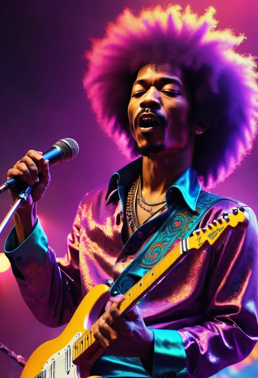(best qualityer,4K,8K,high resolution,work of art:1.2),ultra detali,realisitic, swirly vibrant colors, vivid lighting, vaporwave style, complex illustrations,, dramatic lighting, trends on artstation, awardwinning, IconHighly detailed, (Jimmy Hendrix playing electric guitar), (afro hairstyle), dynamic pose, extremely energetic performance, singing passionately, handheld microphone, plethora of electric band instruments, abundant details, (Background rock concert).