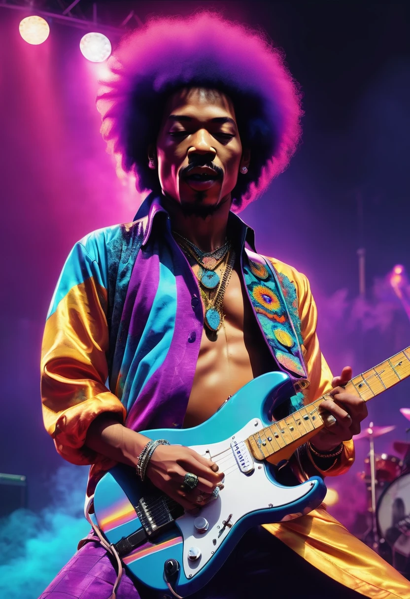 (best qualityer,4K,8K,high resolution,work of art:1.2),ultra detali,realisitic, swirly vibrant colors, vivid lighting, vaporwave style, complex illustrations,, dramatic lighting, trends on artstation, awardwinning, IconHighly detailed, (Jimmy Hendrix playing electric guitar), (afro hairstyle), dynamic pose, extremely energetic performance, singing passionately, handheld microphone, plethora of electric band instruments, abundant details, (Background rock concert).