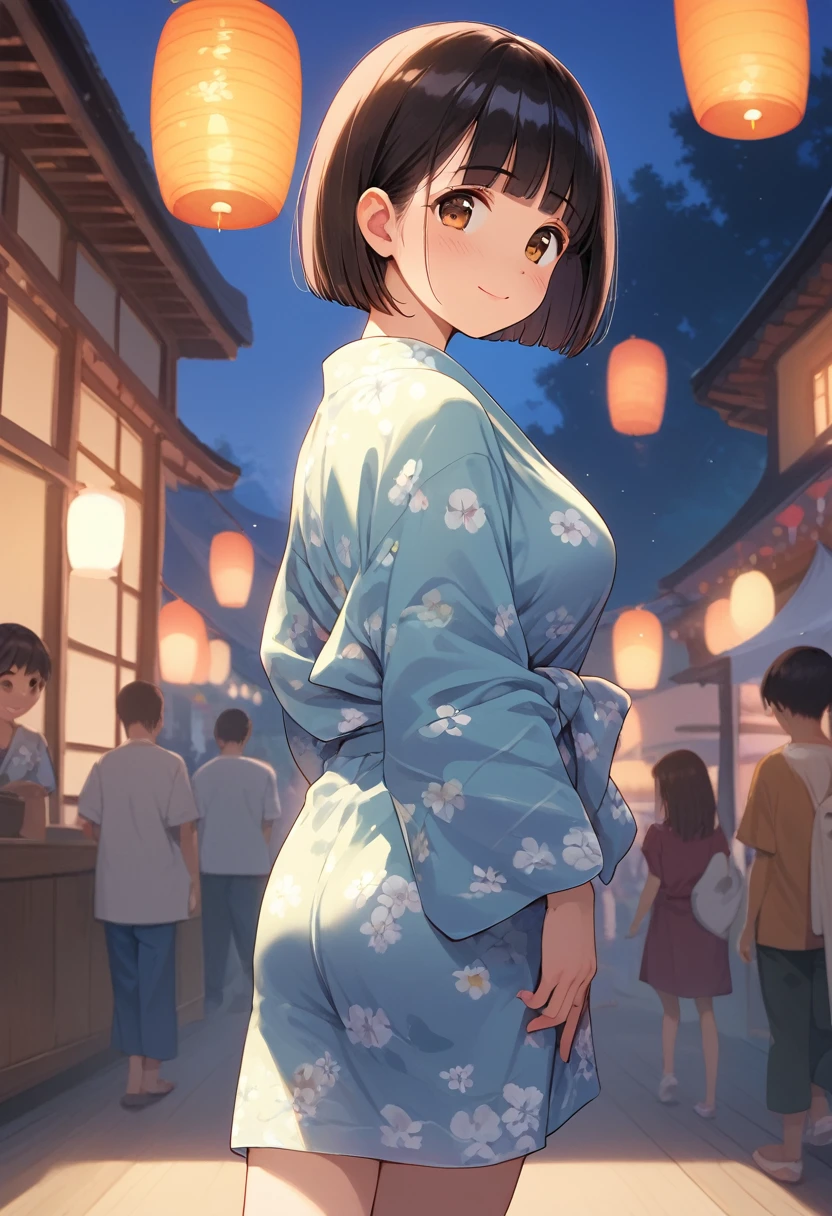 score_9,score_8_up,score_7_up,masterpiece,best quality, source anime, realistic, super detailed, extreme detailed, rating_safe,
1girl, walking, from behind, looking back viewer,
BREAK girl, 22yo, short hair, bob cut, (blunt bangs), black hair, (tareme, detailed cute brown eyes), curled eyelashes, (large breasts:0.9),
shiny hair, beautiful detailed eyes, beautiful face,
yukata, (see through:1.1),
blush, light smile,
outdoors, summer night, Japanese country town, summer festival, Festival stalls lined up along the street, (paper lantern), Fantastic lighting