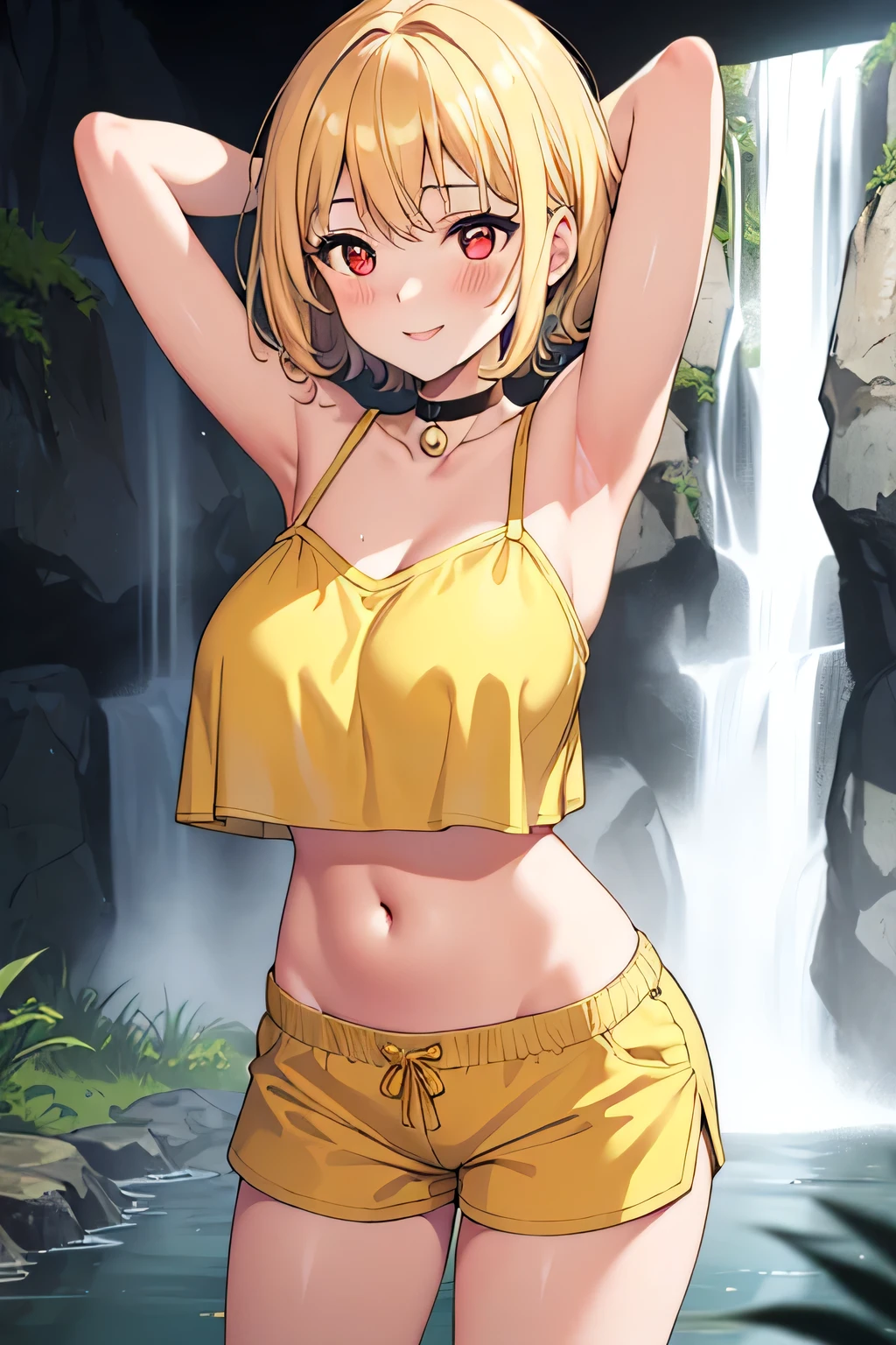 (work of art, best qualityer:1.2), 1 girl, short curly blonde hair, eerie glowing red eyes, breasts big, choker, timid, blush, yellow short shorts, top cropped roxo, from low, waterfall, ssmile, arms behind the head