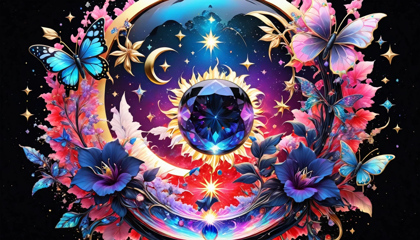 Deep black space background、star、惑star、the sun and the moon、colorful paint splash、 Surrounded by bright light.Cosmic Black with Neon Bioluminescent Color, Icy Red,14kt pure gold color. Creating a fusion of these symbols,Fiery pink rose, Bioluminescent Neon Blue, Red hibiscus, Fiery Bioluminescent Blue Sapphire, Purple and white diamonds、Lots of purple sapphires and emeralds、Colorful butterflies